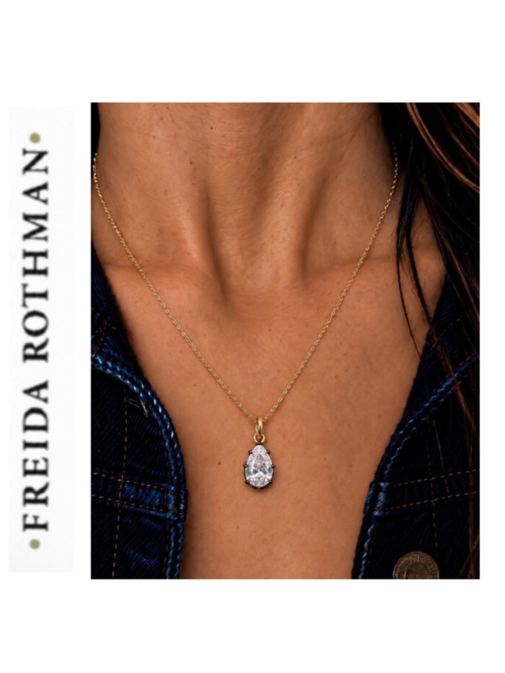 Freida Rothman Vault Pear Teardrop CZ Pendant with Black Rhodium Prong Setting
